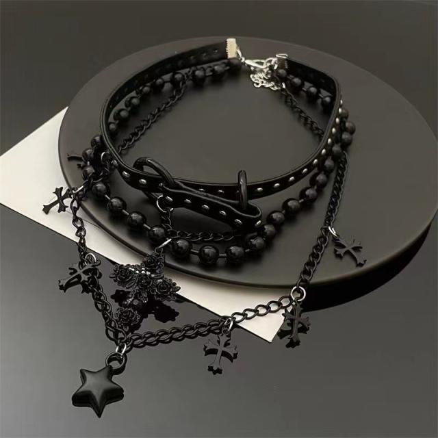 Y2K gothic black color layer choker necklace