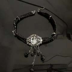 Gothic black white crystal bead choker necklace