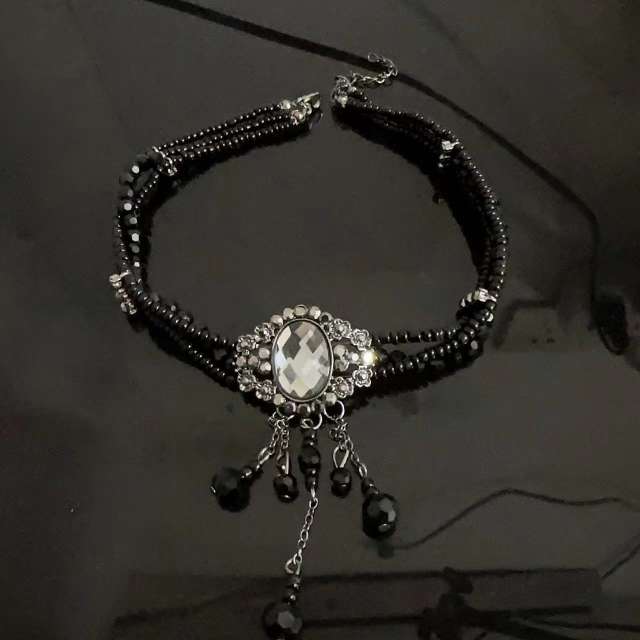 Gothic black white crystal bead choker necklace