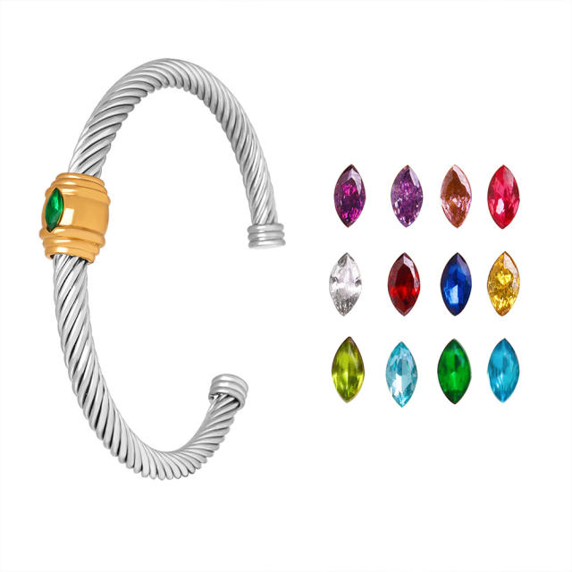 Popular famous brand colorful crystal birthstone stainless steel cuff bangle