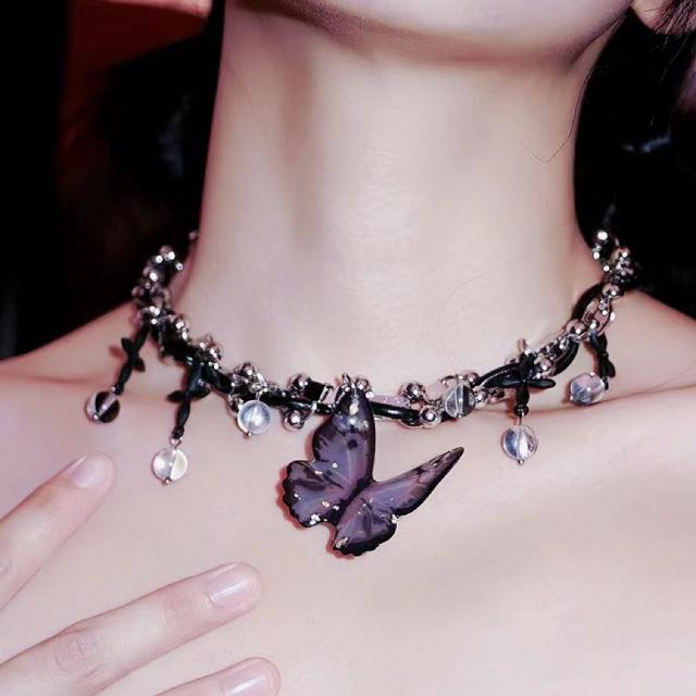 Y2K gothic butterfly charm choker necklace