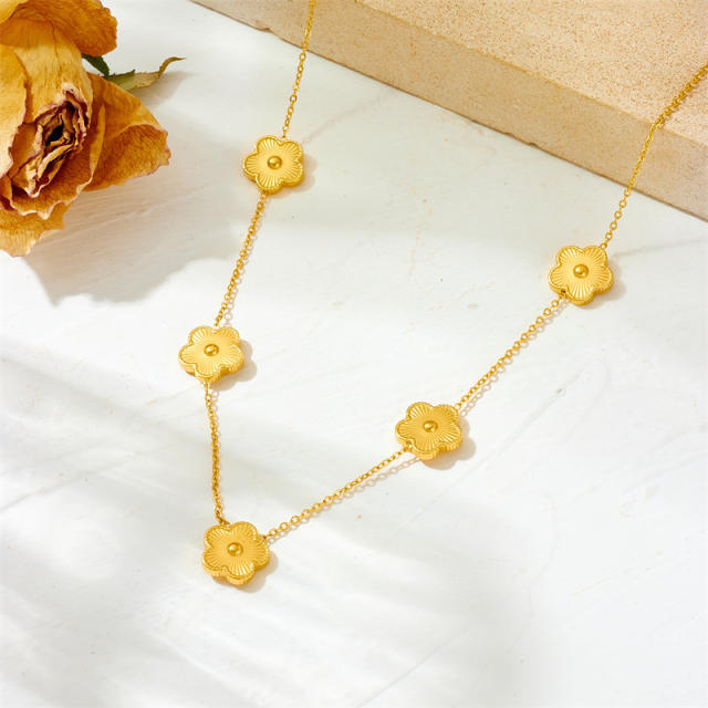 Chic five petal bloom flower stainless steel necklace bracelet set