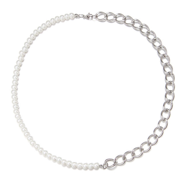 Hiphop imitation pearl bead stainless steel chain mix choker necklace for men