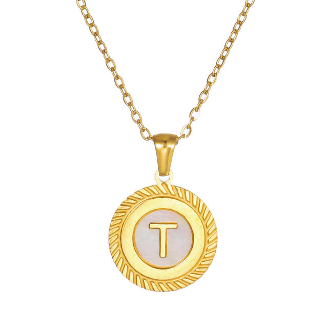 18KG round shell initial letter pendant stainless steel necklace