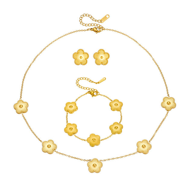 Chic five petal bloom flower stainless steel necklace bracelet set