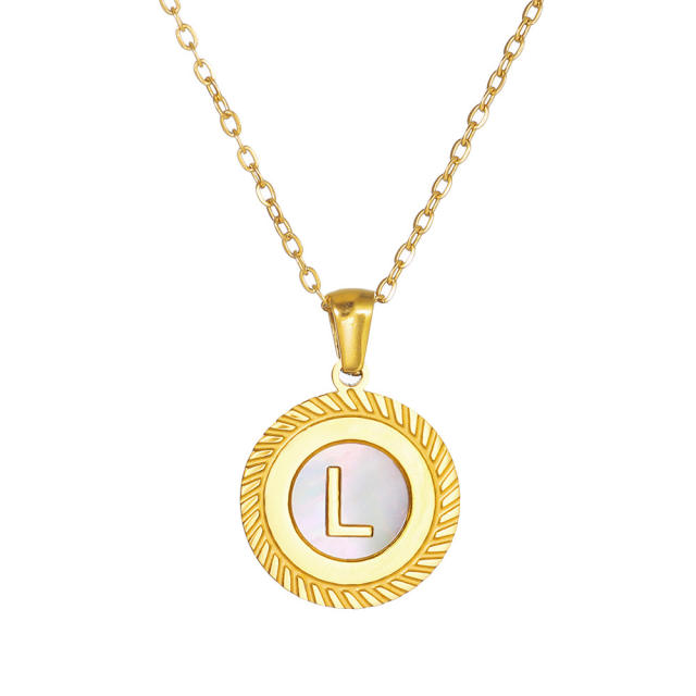 18KG round shell initial letter pendant stainless steel necklace