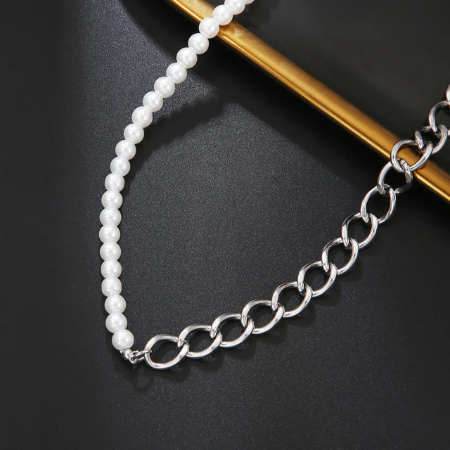 Hiphop imitation pearl bead stainless steel chain mix choker necklace for men