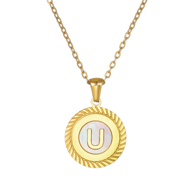 18KG round shell initial letter pendant stainless steel necklace