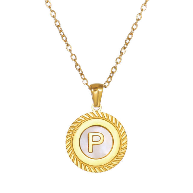18KG round shell initial letter pendant stainless steel necklace