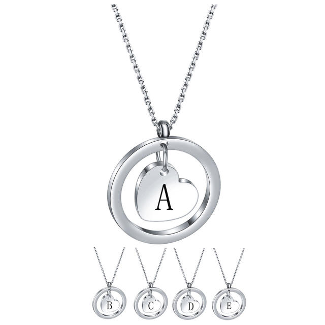 304 stainless steel heart circle pendant initial letter necklace