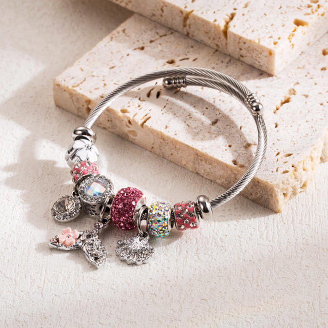 Classic pink silver color bead diy bracelet bangle