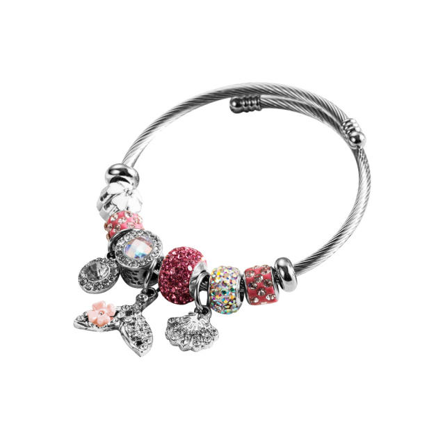 Classic pink silver color bead diy bracelet bangle