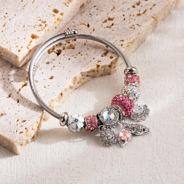 Classic pink silver color bead diy bracelet bangle