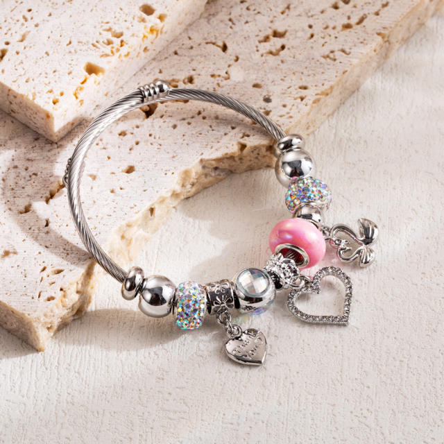 Classic pink silver color bead diy bracelet bangle