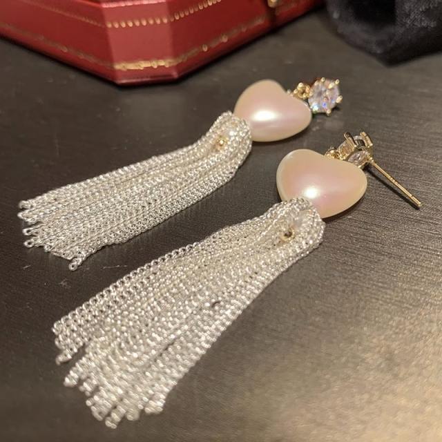 925 needle sweet heart pearl chain tassel dangle earrings