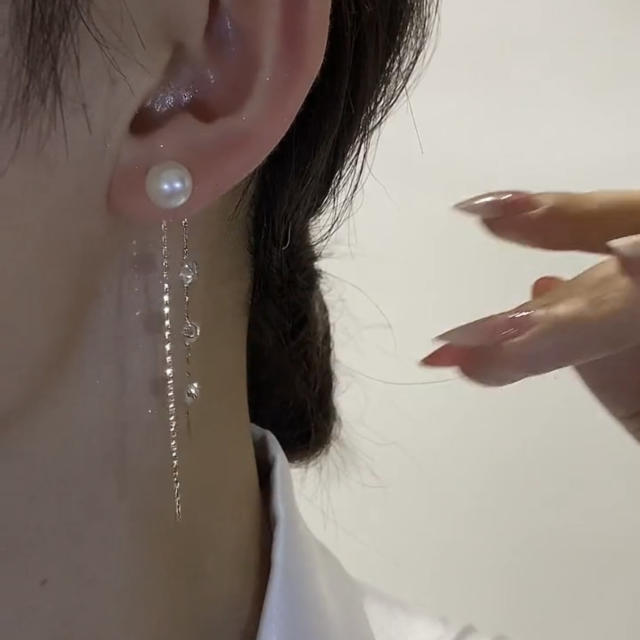 925 needle delicate diamond chain tassel pearl jacket earrings