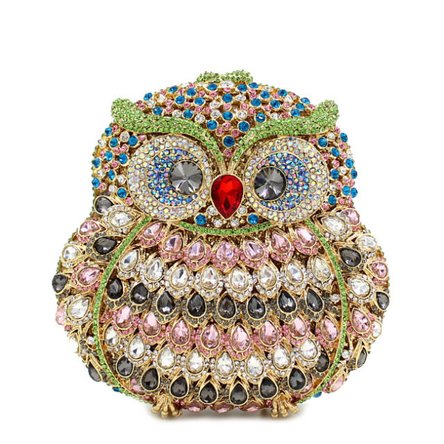 Luxury colorful rhinestone pave setting owl design clutch evening bag