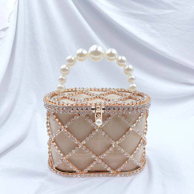 Luxury pave setting rhinestone pearl handle busket bag evening bag