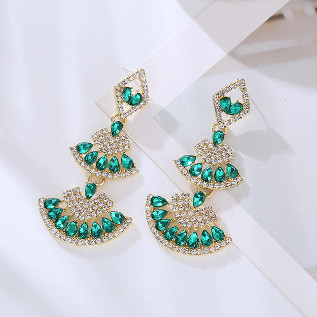 Boho colorful glass crystal statement fan shape dangle earrings party prom earrings