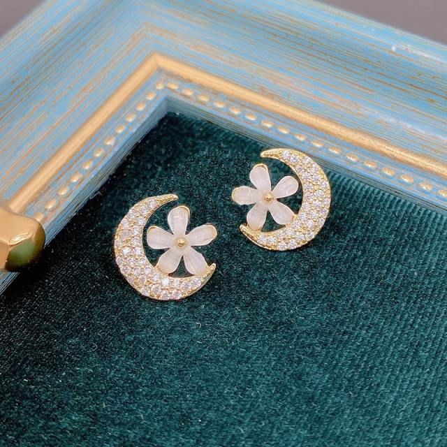 925 needle moonstone flower diamond star women studs earrings