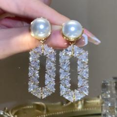 925 needle luxury diamond dangle pearl bead women earrings