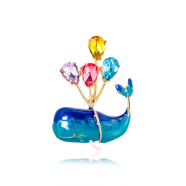 Cartoon cute dolphin glass crystal balloon women brooch