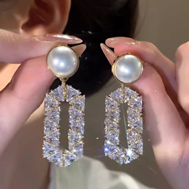 925 needle luxury diamond dangle pearl bead women earrings