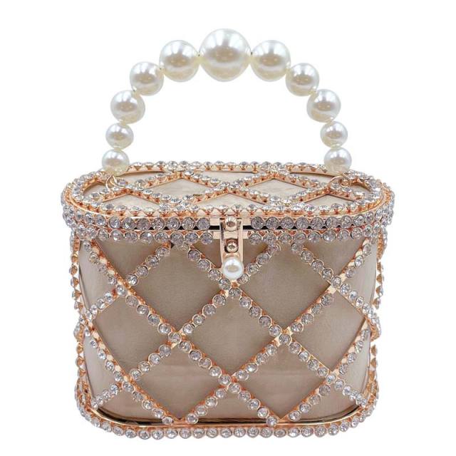 Luxury pave setting rhinestone pearl handle busket bag evening bag