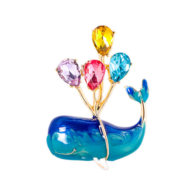 Cartoon cute dolphin glass crystal balloon women brooch