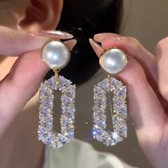 925 needle luxury diamond dangle pearl bead women earrings