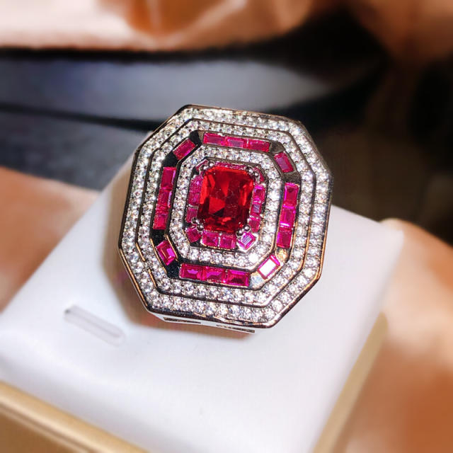 18KG rose flower color cubic zircon statement finger rings for women