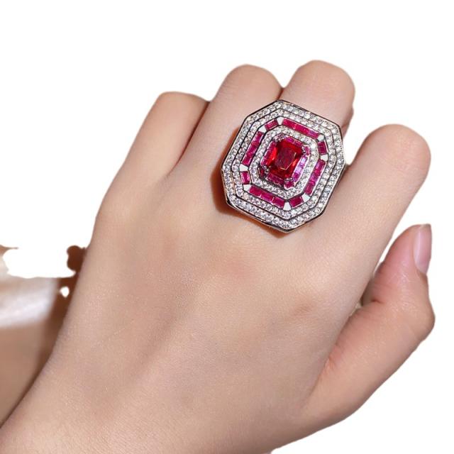 18KG rose flower color cubic zircon statement finger rings for women