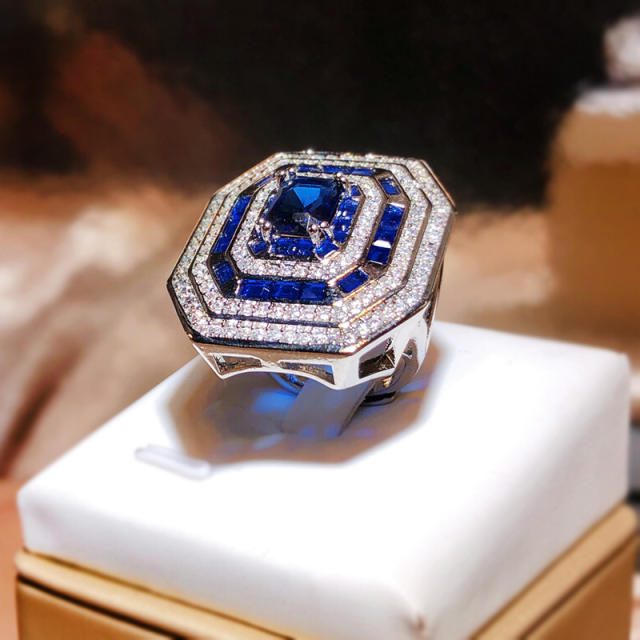 Luxury sapphire blue cubic zircon statement finger rings