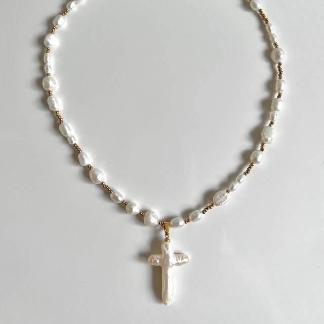 Hot sale baroque pearl cross real gold plated copper necklace