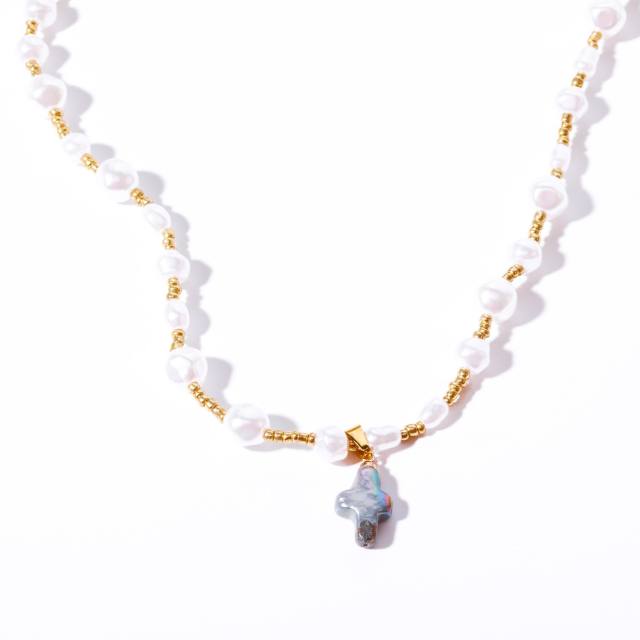 Hot sale baroque pearl cross real gold plated copper necklace