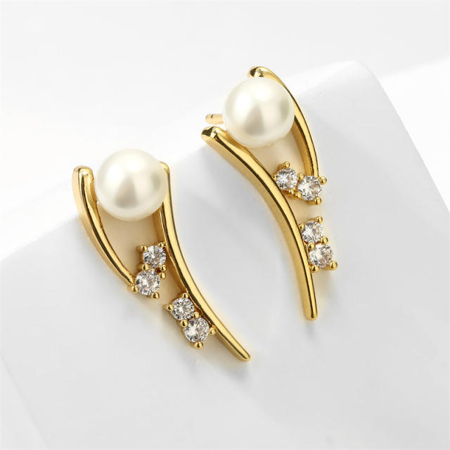 Delicate pearl bead diamond gold plated copper studs earrings