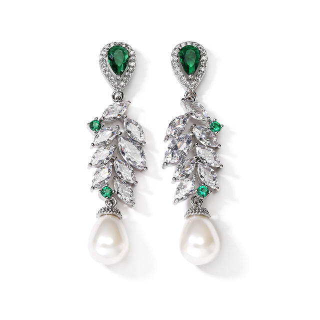 Delicate horse eye shape cubic zircon drop pearl diamond earrings