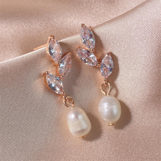 Chic horse eye shape cubic zircon pearl drop wedding bridal earrings