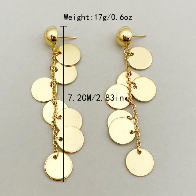 Vintage gold color round piece tassel stainless steel dangle earrings