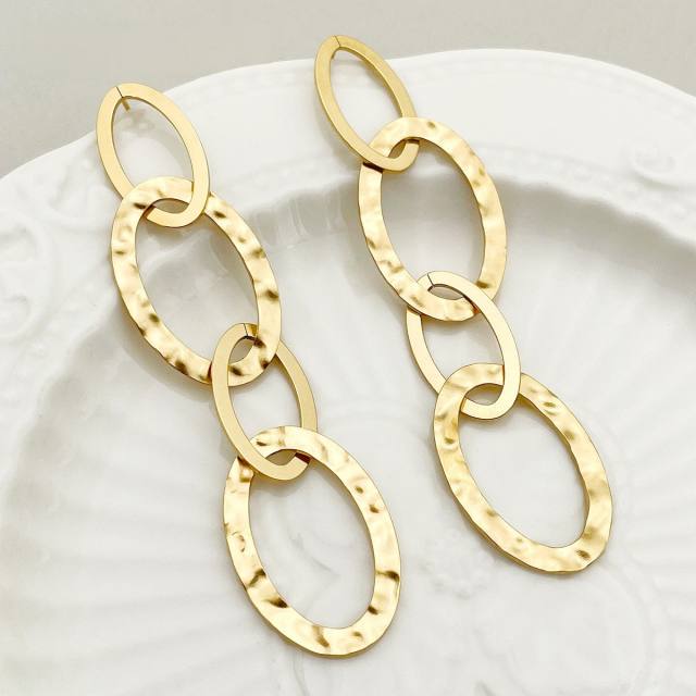 14KG geometric oval shape hollow out stainless steel dangle earrings