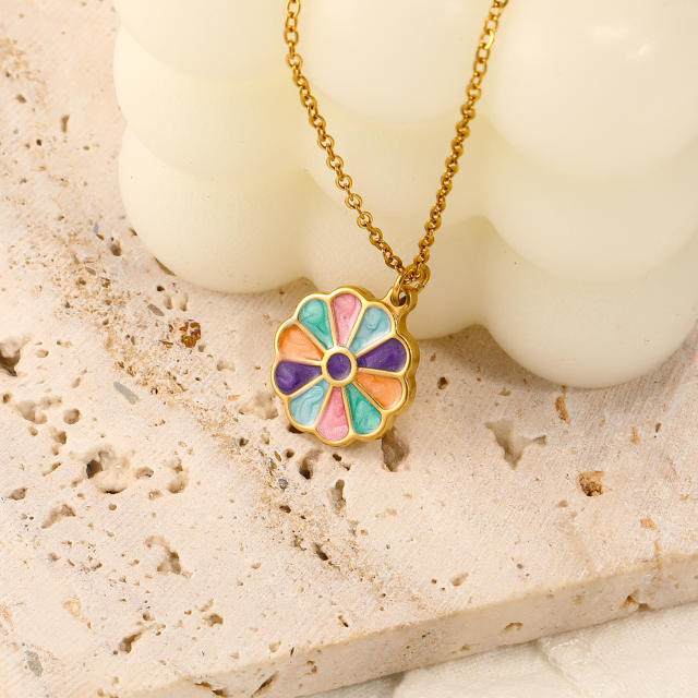 Color enamel sunflower pendant stainless steel necklace couple necklace
