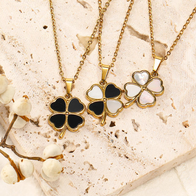Classic black white clover pendant stainless steel dainty necklace