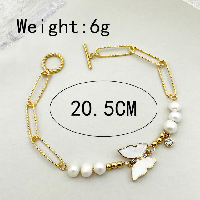 Water pearl white butterfly boho women stainless steel bracelet