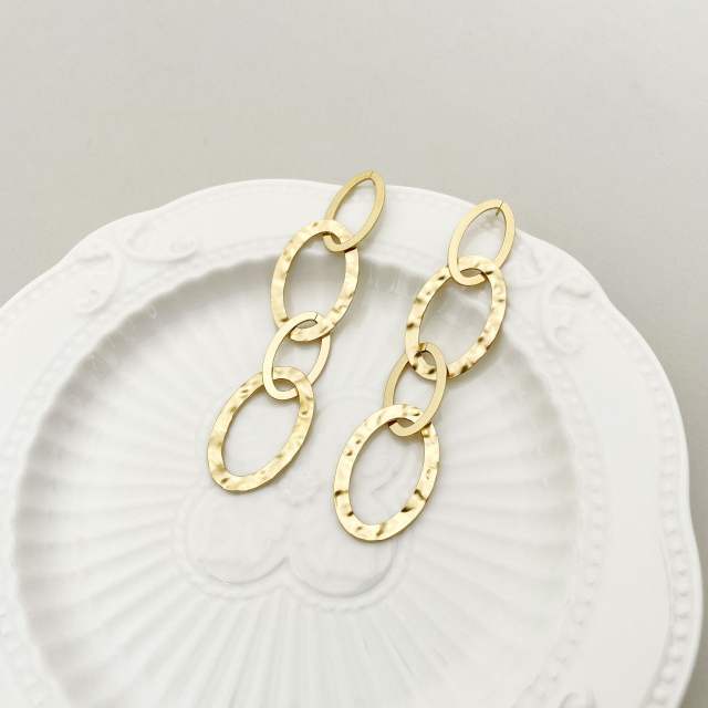 14KG geometric oval shape hollow out stainless steel dangle earrings