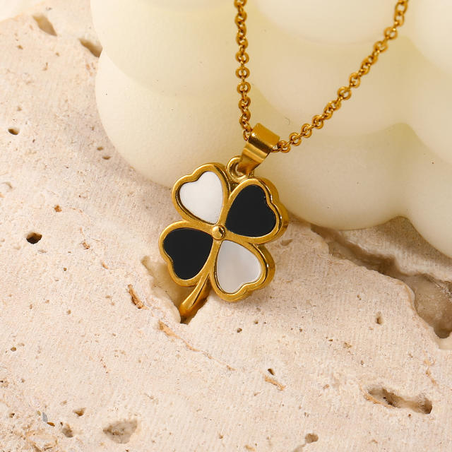 Classic black white clover pendant stainless steel dainty necklace