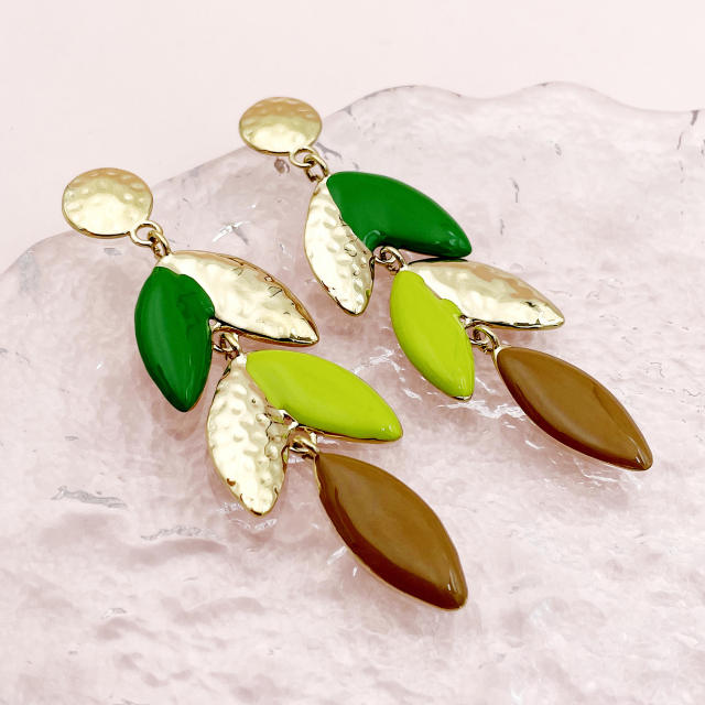 Boho colo enamel leaf design dangle stainless steel earrings