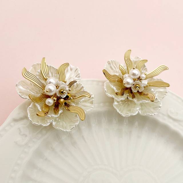 Korean fashion white mother shell petal stainless steel earrings