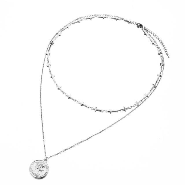 Vintage beauty head coin pendant stainless steel two layer necklace