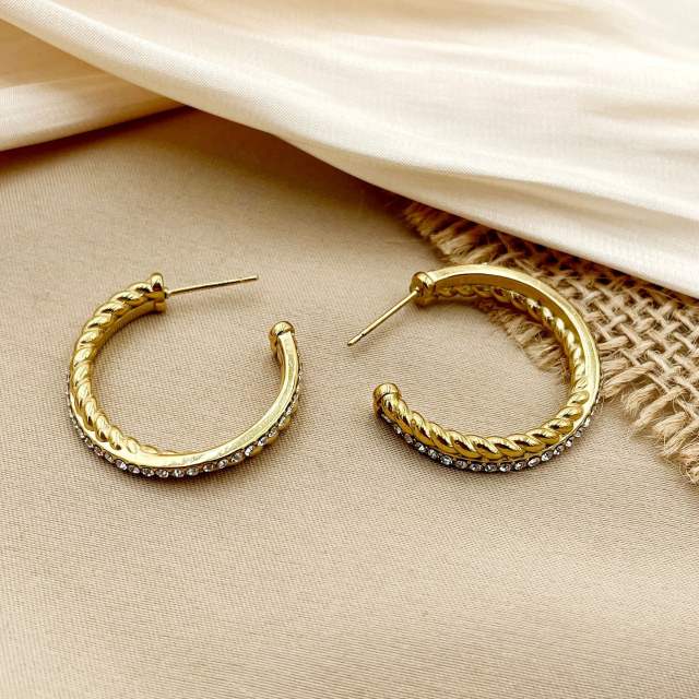 Easy match diamond open hoop stainless steel earrings