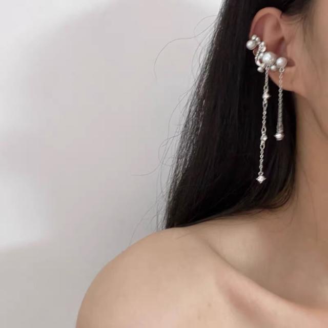 Delicate imitation pearl bead diamond tassel ear cuff earrings